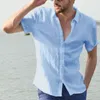 Men S T -skjortor Casual Short Sleeve Shirt Street Wear Lapel Knapp Solid färg Bomullslinne för män Vintage Vacation Blue M 3XL 230715