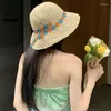 Wide Brim Hats Korean Straw Hat Women's Summer Beach Flower Foldable Bucket Cap Sun Protection Big Eaves Seaside Vacation Woven Caps