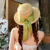 Cappelli a tesa larga Estate 7cm Spiaggia Donna Ragazza Classico Rotondo Piatto Cappello di paglia Fiocco Nastro Elegante Lady Cappellino da sole Chapeau Sombreros