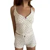 Vêtements de nuit pour femmes Imprimé floral sans manches Col en V Dentelle Ourlet Cami Top et short Pyjama Set Loungewear élégant pour confortable