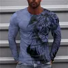 Męskie koszule T-SWITATE Animal Lion Lion Long Sleeve 2023 Ogabersja 3D Print Retro T-Shirt Street Modna Modna Sleved Casual Breakable Men Ubranie