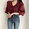 Damenblusen, langärmelig, Baumwolle, Vintage-Stil, Damenbluse, koreanisches besticktes Spitzenhemd, hohle Häkelspitze, Damenoberteile, Blusa 27505