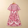 2023 Summer Red and White Porslin Paisley Print pärlor Bomullsklänning Kort ärm Runda hals Rhinestone Midi Casual Dresses S3Q160713