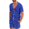 Agasalhos masculinos conjunto de terno de verão europeu americano malha malha casual lapela manga curta shorts roupas masculinas