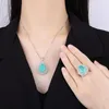 Ketting Oorbellen Set EYIKA Luxe Paraiba Toermalijn Waterdruppelvormige sieraden Groene Fusion Crystal Zircon Ring Bruidsbruiloft