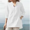 Kvinnors polos damer toppar 2023 Summer Casual Solid Color Stand Collar Cotton Linen Polo Shirt With Three-Quarter Sleeves Mujer