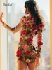 Robe décontractée de base dentelle imprimée broderie robe courte élégante demi-col haut mince fête voir à travers la fleur à manches longues dame robes 230715