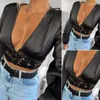 Women's T Shirts Sexy Women Deep V Neck Lace Crop Top Hollow Out Satin Silk Patchwork Button Long Sleeve Tops