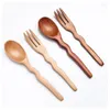 Flatware Sets 14 3cm Long Handle Wavy Solid Wood Fork Dessert Restaurant Small Wooden Spoon Household Tableware