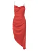 Vestidos casuais Sexy Strap Strap Button Diamond Midi Dress Elegant Cetim Drapeado Sling Backless Split Celebrity Evening Party