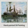 Ships in Harbor Hand Painted Claude Monet Canvas Art Impressionist Landscape Painting for Modern Home Decor