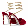 Summer Luxry Women Margot Red Velvet Sandal Buty Renecaovilla Crystal Strappy wokół pięty kostki Lady Party Wedding Sukni