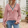 Blouses pour femmes bureau dame col en V plissé haut à manches bulle 2023 printemps automne couleur unie décontracté longues chemises mode Camisas en vrac