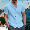 Chemises décontractées pour hommes été coton lin Blouse col montant solide col en v à manches courtes haut ample beaux hommes mode masculine