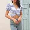 Chemisiers pour femmes Sexy Low Cut Crop Tops Col rabattu Évider Twist Femmes Chemises Casual Manches bouffantes Top Fashion Front Cross Back Strap