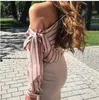 2023Summer Women New Striped Loose Blouse Fashion Lady Off Shoulder Lace Up Shirts Female Elegant Tops Blouses Long Sleeve Chic