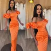 Elegante orangefarbene Ballkleider, trägerlos, Etui-Abendkleider, Falten, Puffärmel, formelles langes Partykleid für besondere Anlässe