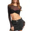 Vrouwen T-shirts Vrouwen S Y2K Mesh Lange Mouw Crop Top Ronde Hals Sexy See Through Sheer Bra Inside Summer Shirt Party Wear