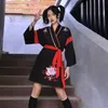 日本の着物ドレス女性黒い白い猫刺繍甘い女の子ビンテージアジア服ユカタハオリコスプレパーティー2ピースセット257E