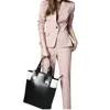 Kvinnors tvåbitar byxor Elegant kostym 2 Set V Neck Casual Business for the Office Tailleur Femme Jacket med