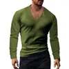 Men's T Shirts Men V-neck Long Sleeve T-shirt Solid Color Slim Fit High Elastic Pullover Tops Breathable Thin Streetwear