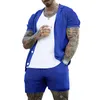 Agasalhos masculinos conjunto de terno de verão europeu americano malha malha casual lapela manga curta shorts roupas masculinas