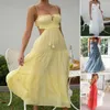 Casual Dresses Women Dress Sexy Bandeau Sling Long Lace-up Backless Low Cut Midi Stitching Flowy Hem Spaghetti Straps Grown