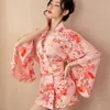 Ethnic Clothing Women Kimono Japanese Cherry Blossom Print Chiffon Waist Pink Loose Comfortable Girl Bathrobe Home Pajamas Kawaii 2745