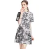 2023 Luxury Floral Printed Runway Dress Summer Fashion Short Sleeve Office Lapel Slim Elegant A-Line Pleated Women Designer Dresses Autumn Chic Party Evening Frock
