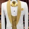 Jackets White and Gold Wedding Evening Dress Groomsman Shawl Lapel Men Suit 3pcs Costume Homme Jacket Vest and Gold Pants