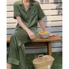 Kadın Uyku Salonu Pijamaları Kadın Yaz 2023 Yeni Buz İpek Yeşil Şerit Nightgown Kısa Kollu Pantolon Takımlar İnce Fransız Tarzı Ev Giyim