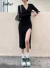 Abiti casual Ins Split Pure Color Abito da donna con scollo a V Chic Button Slim Black Grey Female Midi Simple Fashion Streetwear