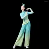 Traje de Palco Estilo Chinês Clássico Nacional Cintura Tambor Trajes de Dança Azul Yangko Vestuário Tradicional Oriental Fã