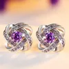 Boucles D'oreilles Classique Marque Trèfle Purper Cristal Améthyste Pierres Précieuses Diamants Pour Femmes 18k Or Blanc Argent Brincos Bijoux