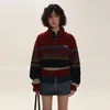 Women's Sweaters Korobov Vintage Embroidery Sweater Half Zipper Knitwears Stripe Contrasting Colors High Collar Leisure Pullover Y2k Clothes