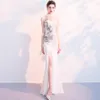 Vêtements ethniques Style chinois femmes broderie fleur sirène robe Slim Sexy haute Split soirée Cheongsam blanc demoiselle d'honneur 239O