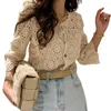 Dames Blouses Effen Kleur Blouse Elegant Gehaakt Vest Uitgesneden Kant Gebreide Top Met Enkele rij knopen Sluiting Driekwart