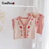 Vestido infantil da criança do bebê meninas malha manga longa branco rosa cardigan camisola para 03yeas flores sem mangas botão para baixo colete outwear