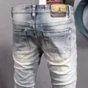 Jeans da uomo Streetwear Moda Uomo Retro Grigio chiaro Blu Elastico Slim Fit Strappato Designer vintage Pantaloni casual in denim Hombre