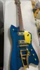 Rhxflame 6199 Billy Bo Jupiter Blue Thunderbird Guitare électrique Black Body Binding Bigs Tremolo Bridge Gold Hardware