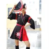日本の着物ドレス女性黒い白い猫刺繍甘い女の子ビンテージアジア服ユカタハオリコスプレパーティー2ピースセット257E