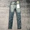 Roxo Mens Jeans Designer Calça Slim Fit Bordado Elástico Moda Jean Estilo Gato Whisker Branqueamento Mens Buraco Quebrado Marca de Luxo H3td
