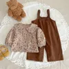 Clothing Sets 2023 Autumn Korean Baby Girls 2PCS Clothes Set Cotton Long Sleeve Floral Blouse Loose Suspender Pants Suit Toddler Outfits