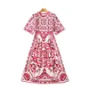 2023 Summer Red and White Porcelain Paisley Print Beaded Cotton Dress Short Sleeve Round Neck Rhinestone Midi Casual Dresses S3Q160713