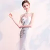 Etnische Kleding Chinese Stijl Vrouwen Borduren Bloem Zeemeermin Jurk Slanke Sexy Hoge Split Avondfeest Cheongsam Wit Bruidsmeisje 239O