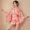 Ethnic Clothing Women Kimono Japanese Cherry Blossom Print Chiffon Waist Pink Loose Comfortable Girl Bathrobe Home Pajamas Kawaii 2745