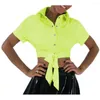 Women's Blouses Shiny PVC Leather Short Sleeve Shirt Turn-down Collar Lace-up Bowknot Tops Blouse Party Clubwear Sexy Streetwear 7XL