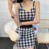 Tute da donna 2023 Estate Donna Minigonne lavorate a maglia Tow Pieces Set Fashion Plaid Canotta Fianchi avvolti Slim Fit Abito corto abbinato