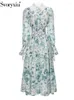 Casual Dresses Svoryxiu Designer Fashion Spring Summer Vintage Print Midi Dress Women's Lantern Sleeve Button Hollow Out Elastic Midje