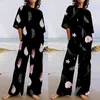 Calças femininas de duas peças femininas de verão com decote em O solto manga curta estampa floral top de casamento calças de convidados ternos para meninas vestido formal